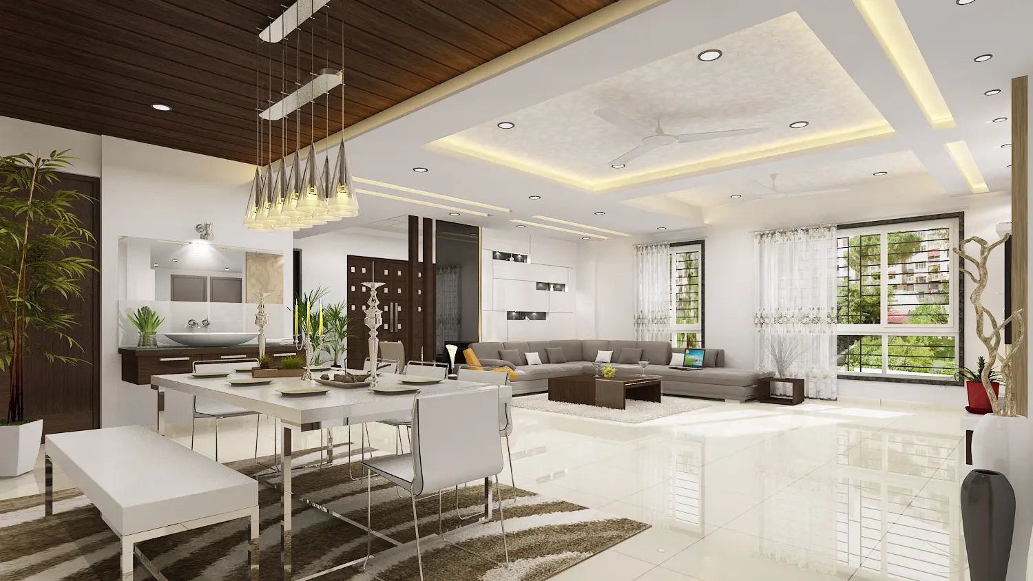 3D render of the living room with a stone feature wall and white partition panels