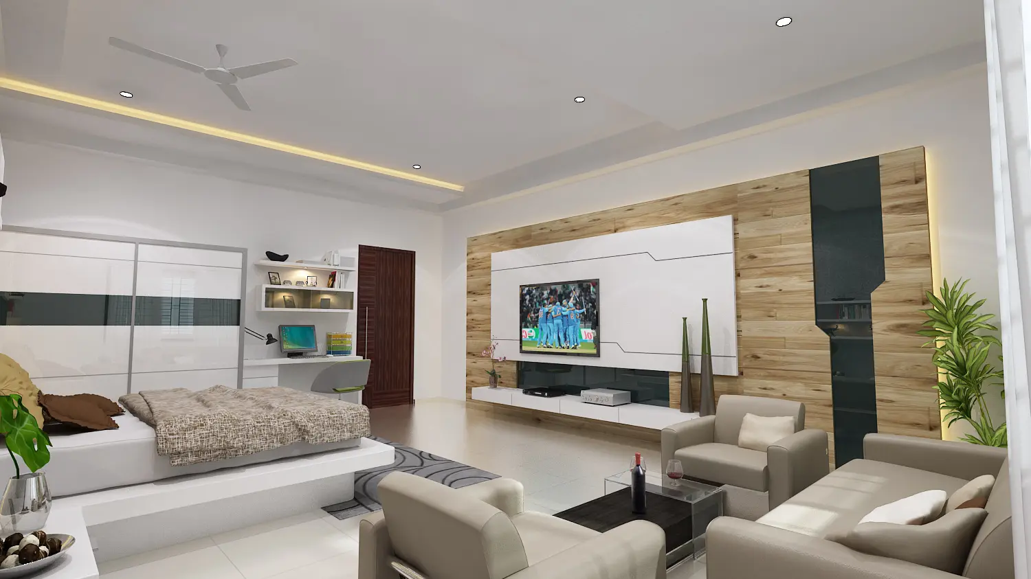 3D render of the master bedroom with a low white bed and a textured wall with a lit band