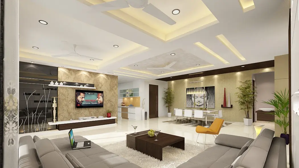3D render of the living and dining room with grey sofas and a stone-clad TV wall