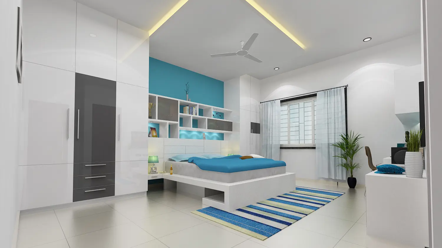 3D render of a teal and white bedroom with a built-in desk and shelving