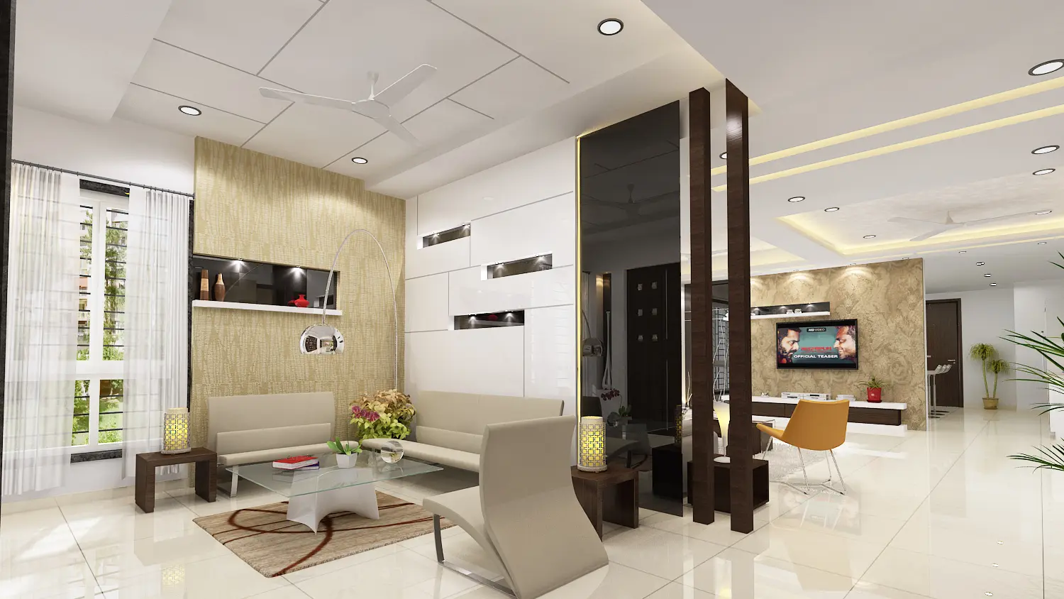 3D render of the dining area under a cluster of pendant lights, with the living room beyond