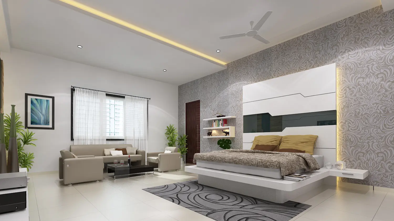 3D render of the master bedroom with a timber-clad TV wall and lounge chairs