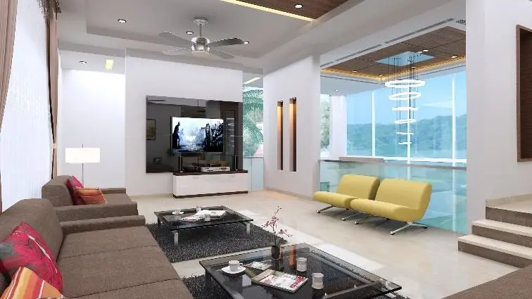 3D render of the living room with a brown sectional sofa, a TV wall and glass doors to a balcony