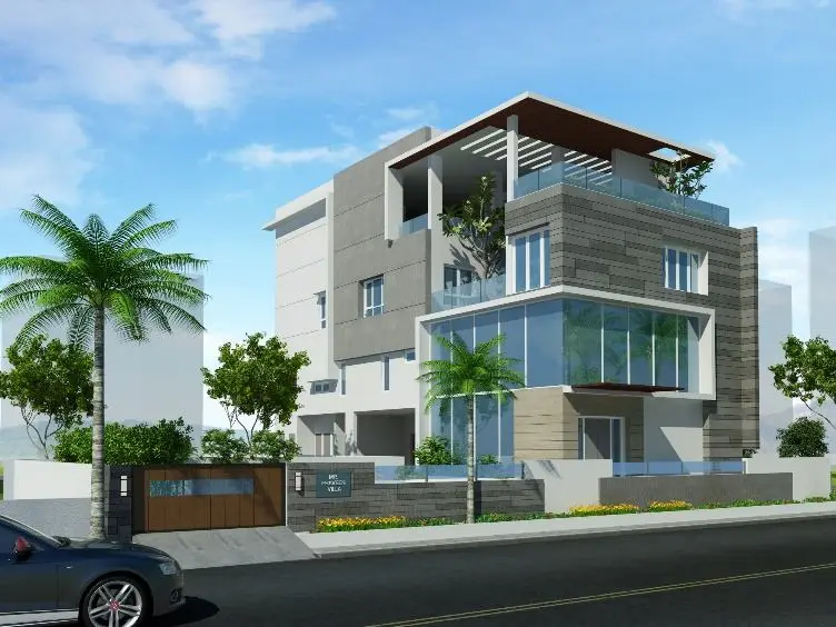 3D render of the villa's street front with palm trees and a glazed entrance level