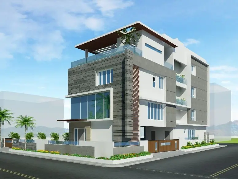 3D render of the villa: a four-storey corner house with stone cladding, glass balconies and a roof pergola
