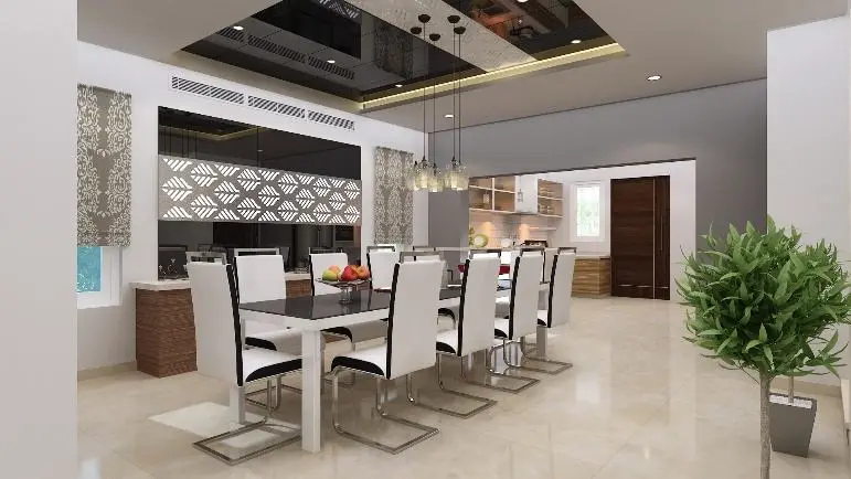 3D render of the dining area with a long table for ten under a mirrored ceiling