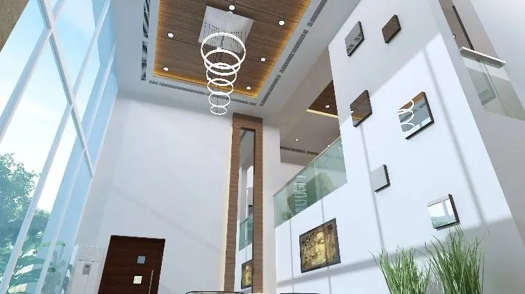 3D render of a double-height lobby with a cascading ring chandelier