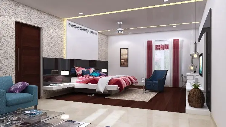 3D render of a bedroom with a low platform bed, red curtains and a timber-panelled wall
