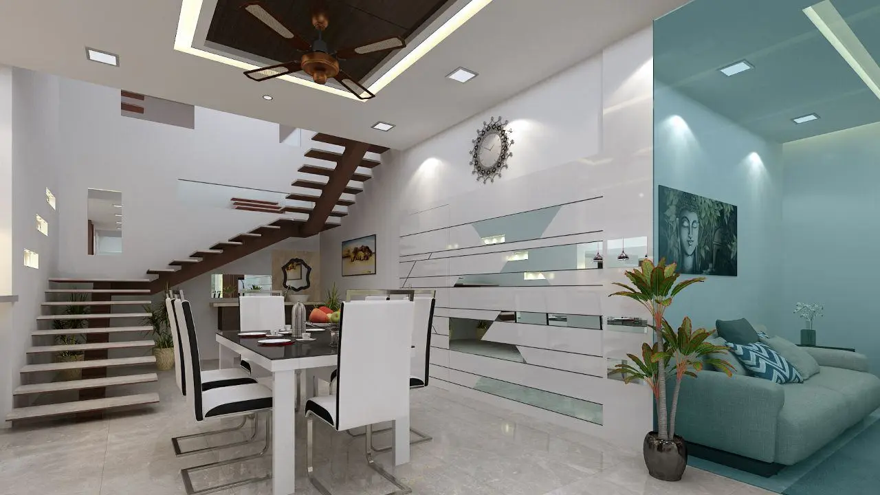 3D render of the dining area beside a floating staircase and a white slatted feature wall