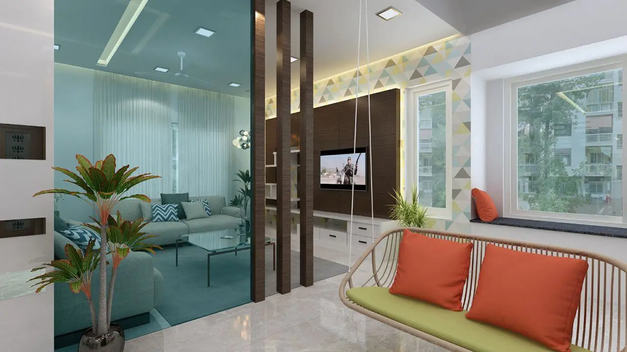 3D render of a lounge with a teal glass partition, an orange-cushioned cane sofa and a timber TV wall