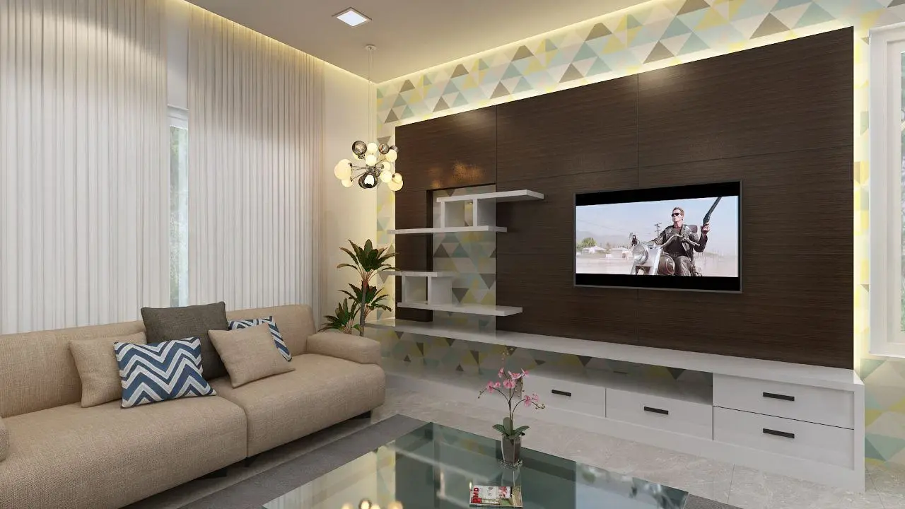 Living room with a dark timber TV wall, white shelving and triangle-patterned wallpaper