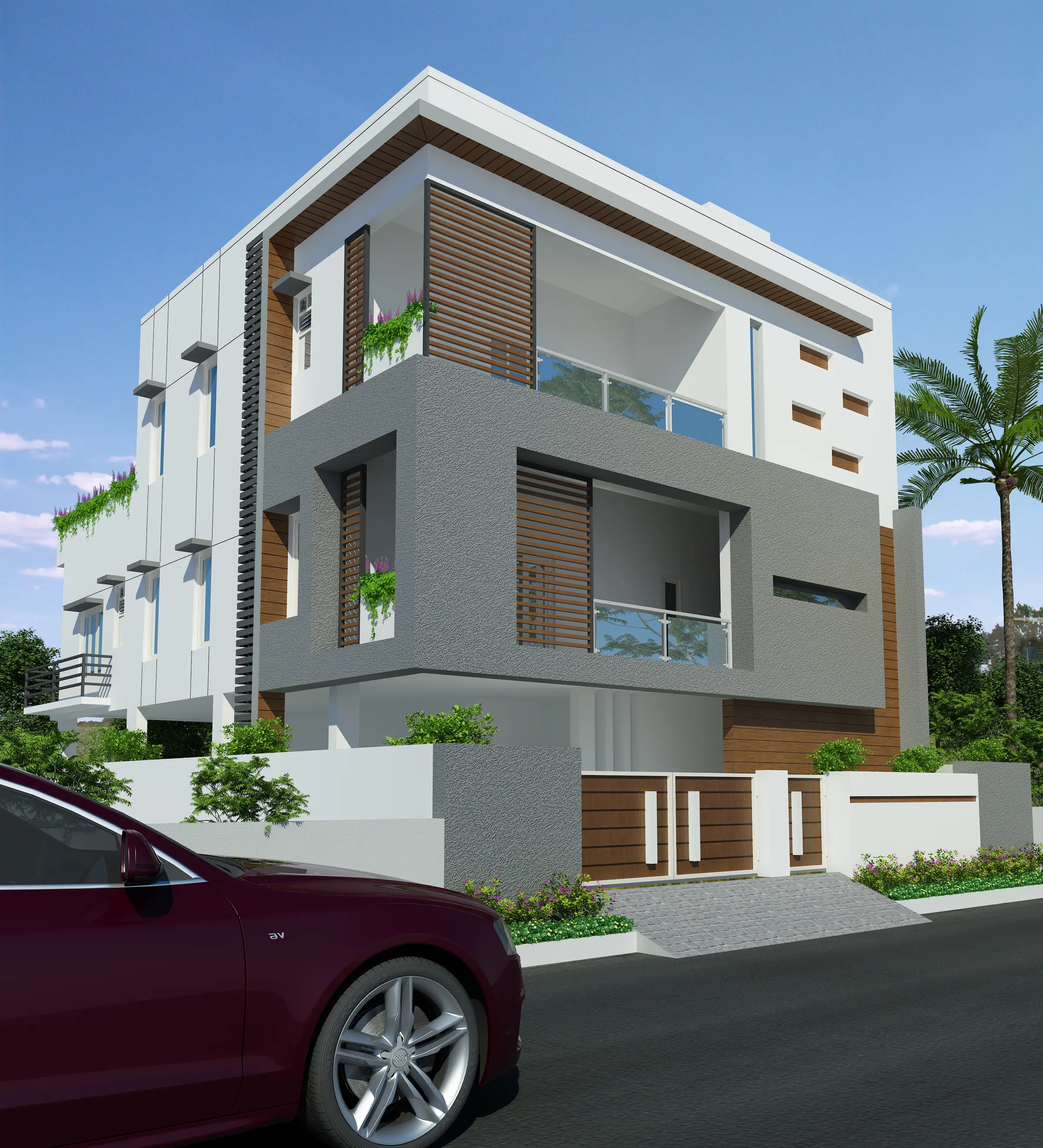 3D render of the villa on its street corner, showing the stone-clad facade and terraces