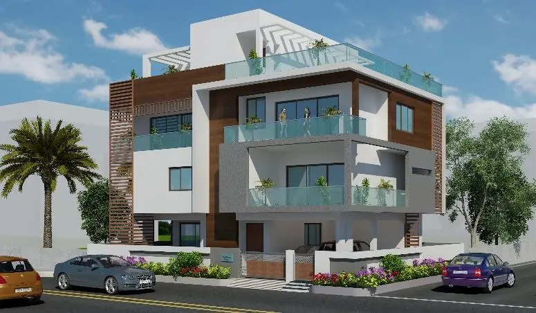 3D render of the villa with timber-clad balconies and glass railings