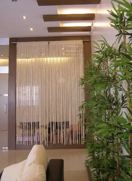 Living room behind a beaded curtain screen, with bamboo planters